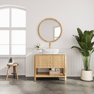Japandi Bathroom Vanity with Bamboo Texture and Sink