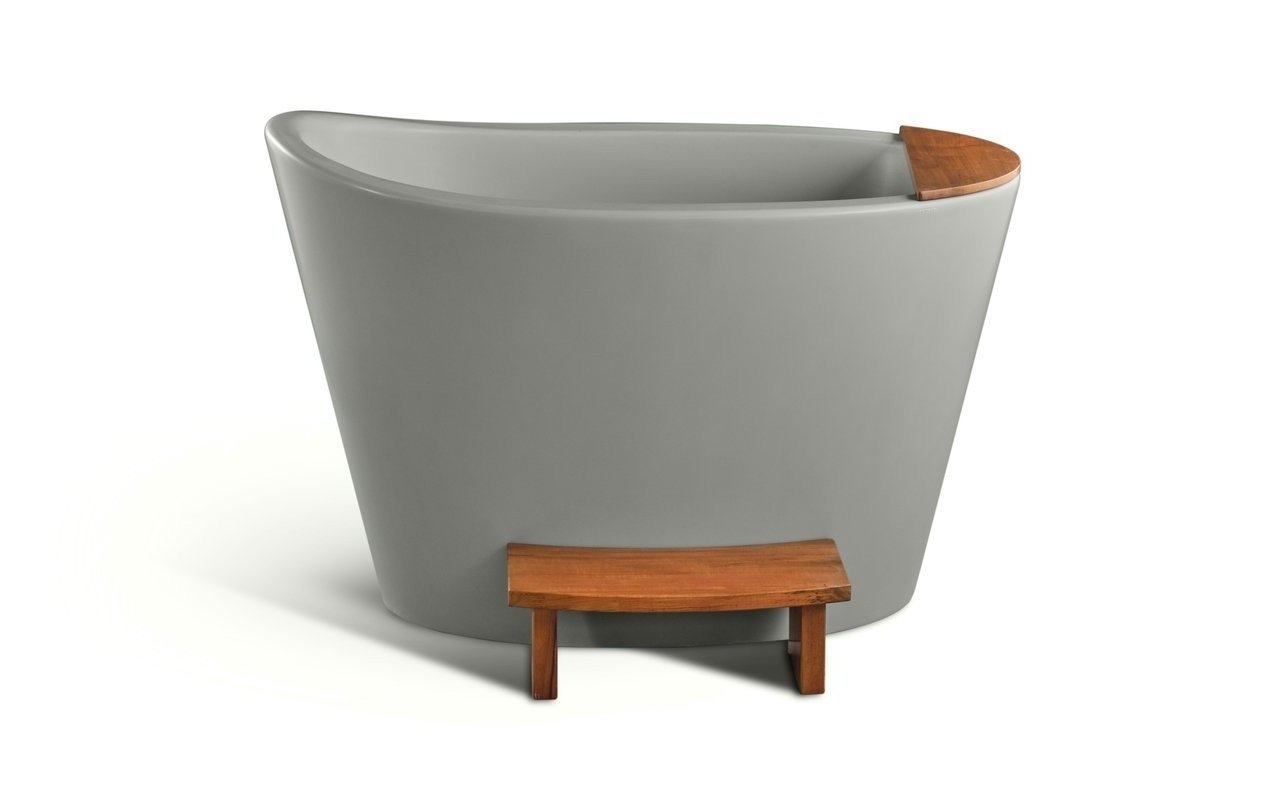 Japanese Soaking Bathtub in Japandi Ofuro, Wood Rim Detail