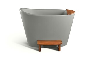 Japanese Soaking Bathtub in Japandi Ofuro, Wood Rim Detail