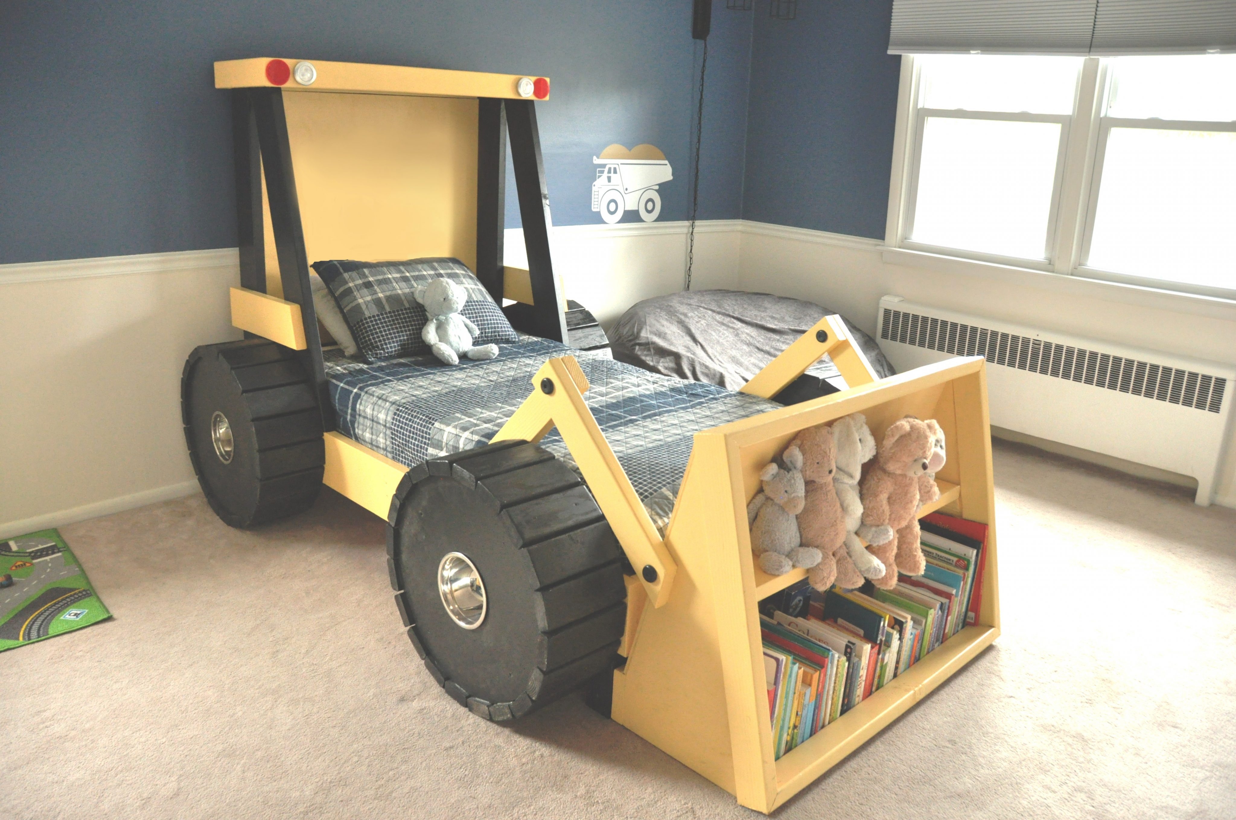 Kids Bed Construction Theme with Loader Bucket Bookshelf