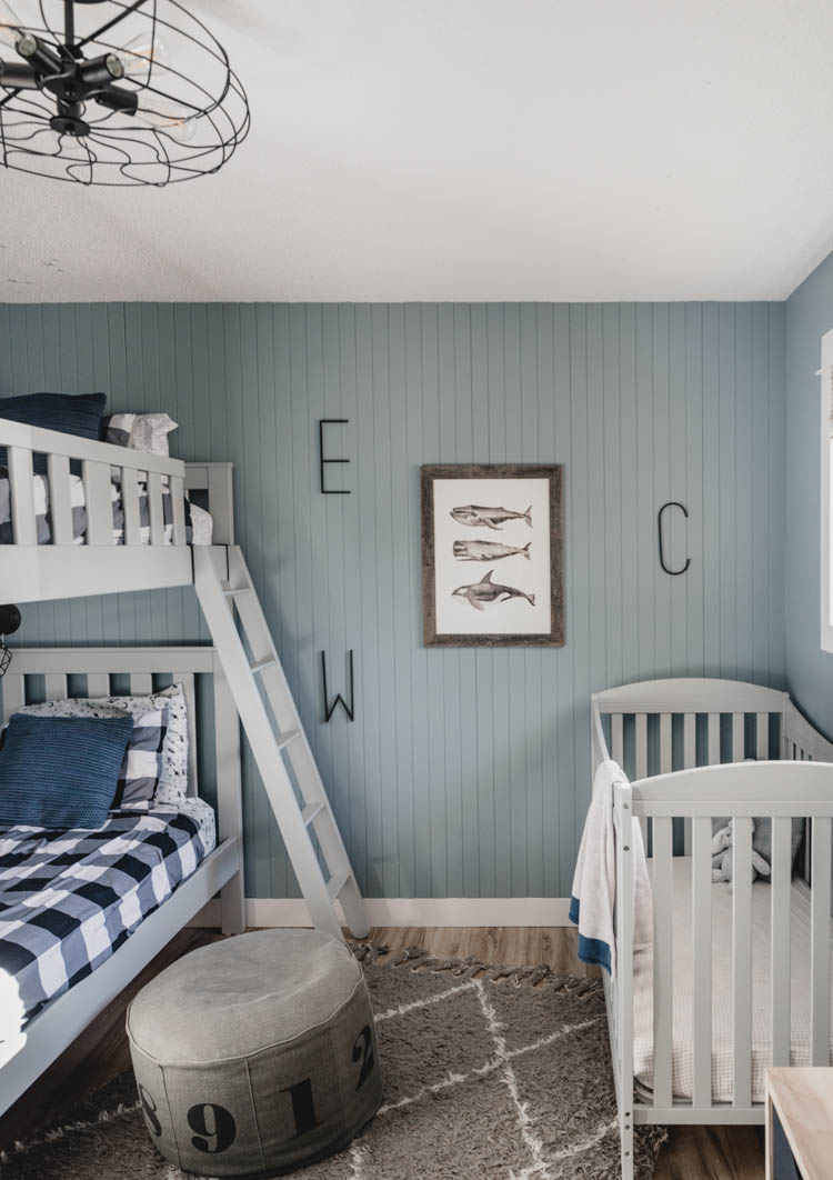 Kids Bedroom: Dusty Blue Paneling with Buffalo Check Bedding