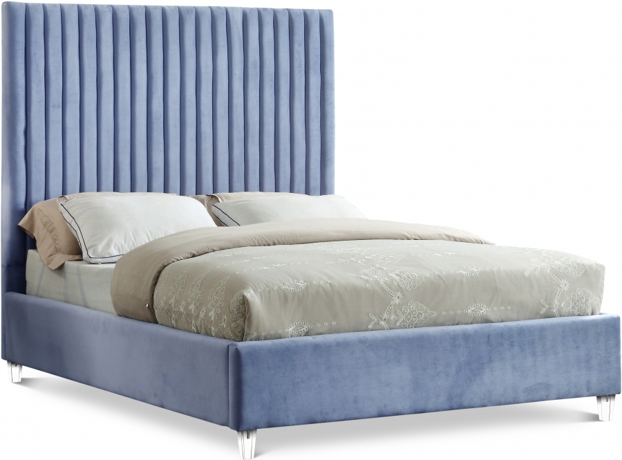 King Bed Extra Tall Headboard and Vertical Channel Tufted Blue