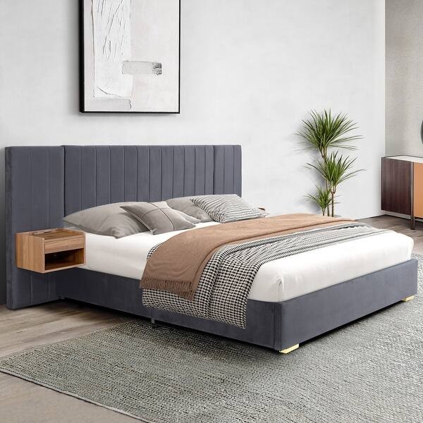 King Bed Frame in charcoal velvet with channel tufted headboard