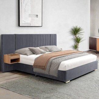 King Bed Frame in charcoal velvet with channel tufted headboard