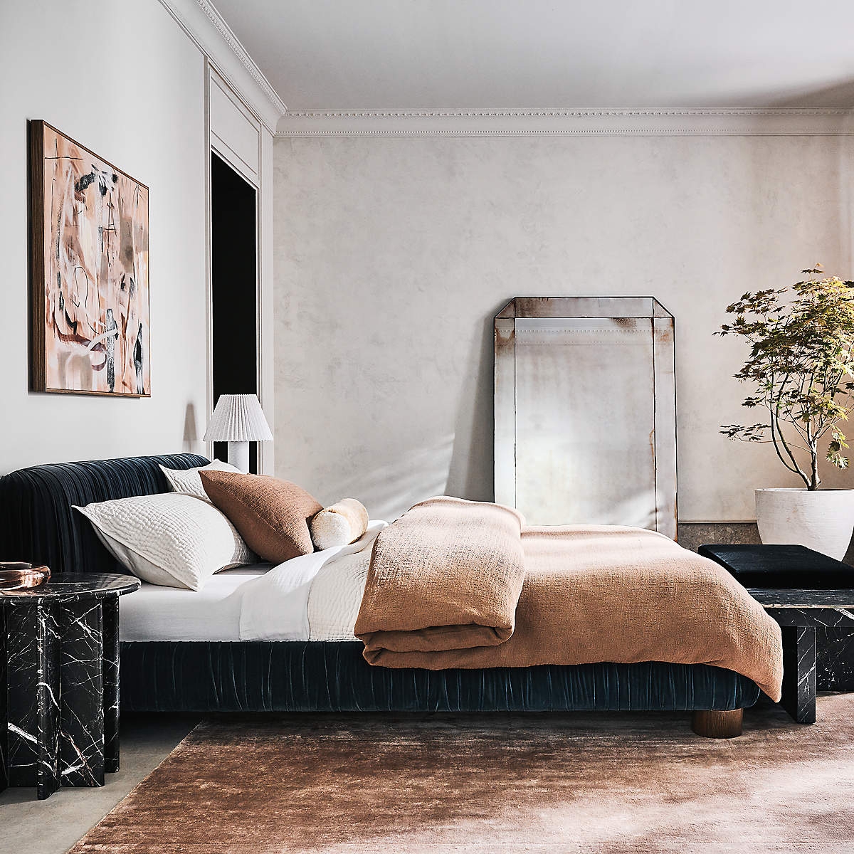 King Bed Navy Velvet Channels with Black Marble Side Accents