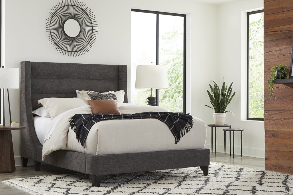 King Bed with Channeled Wingback Headboard and Luxe Dark Grey