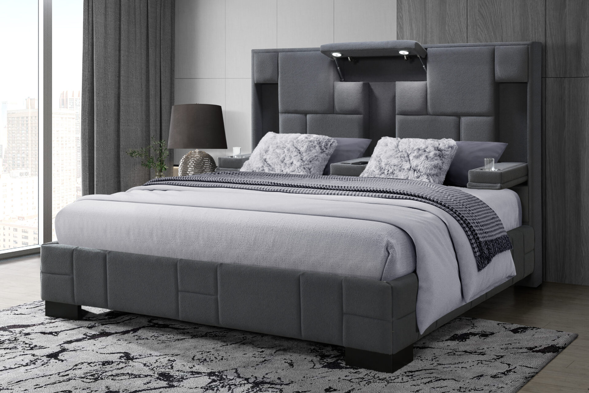 King Bed with Integrated Headboard Lighting and Side Ledges