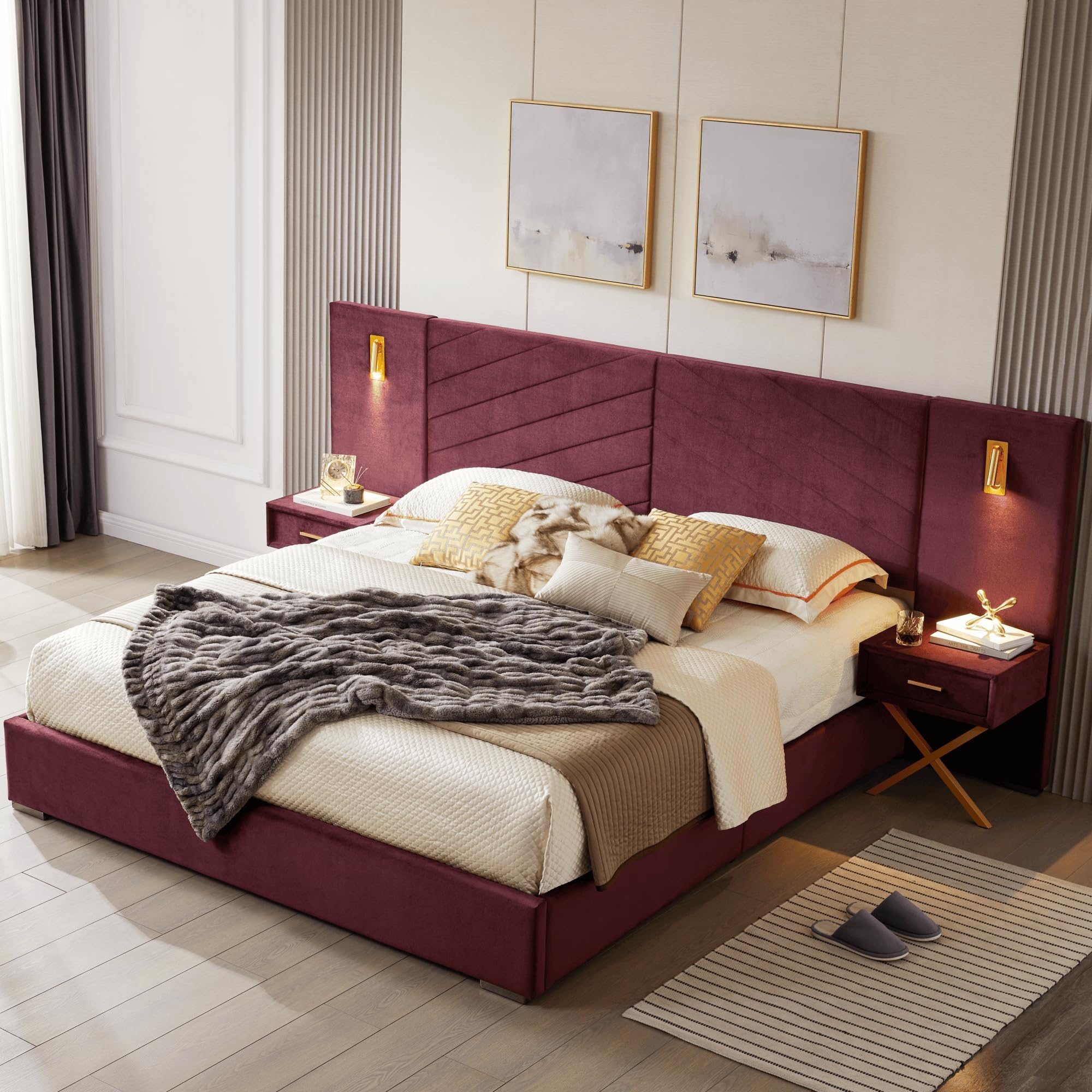 King Upholstered Bed in burgundy with wide diagonal headboard