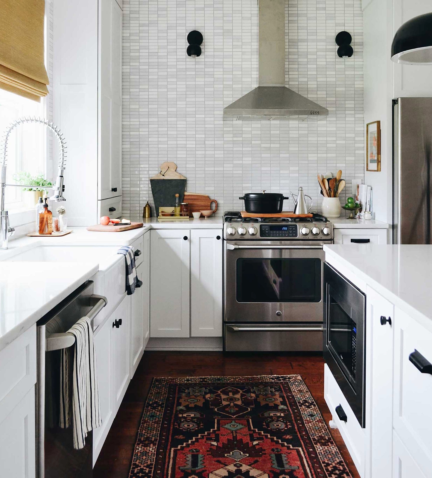 Kitchen Backsplash Black Sconces with Stacked Subway Tile