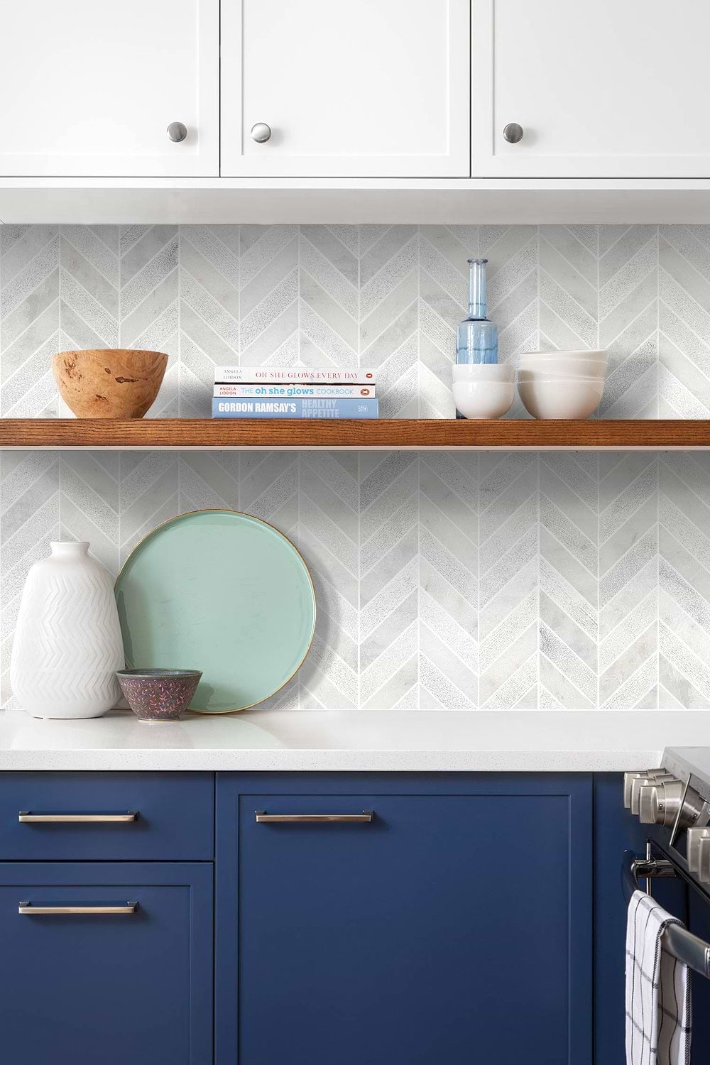 Kitchen Backsplash Chevron Marble Tile and Navy Blue Cabinets