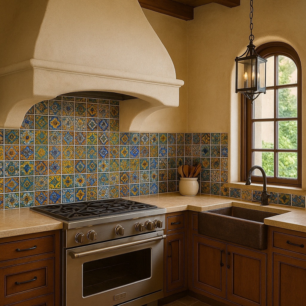 Kitchen Backsplash Hand Painted Patterns with Plaster Hood
