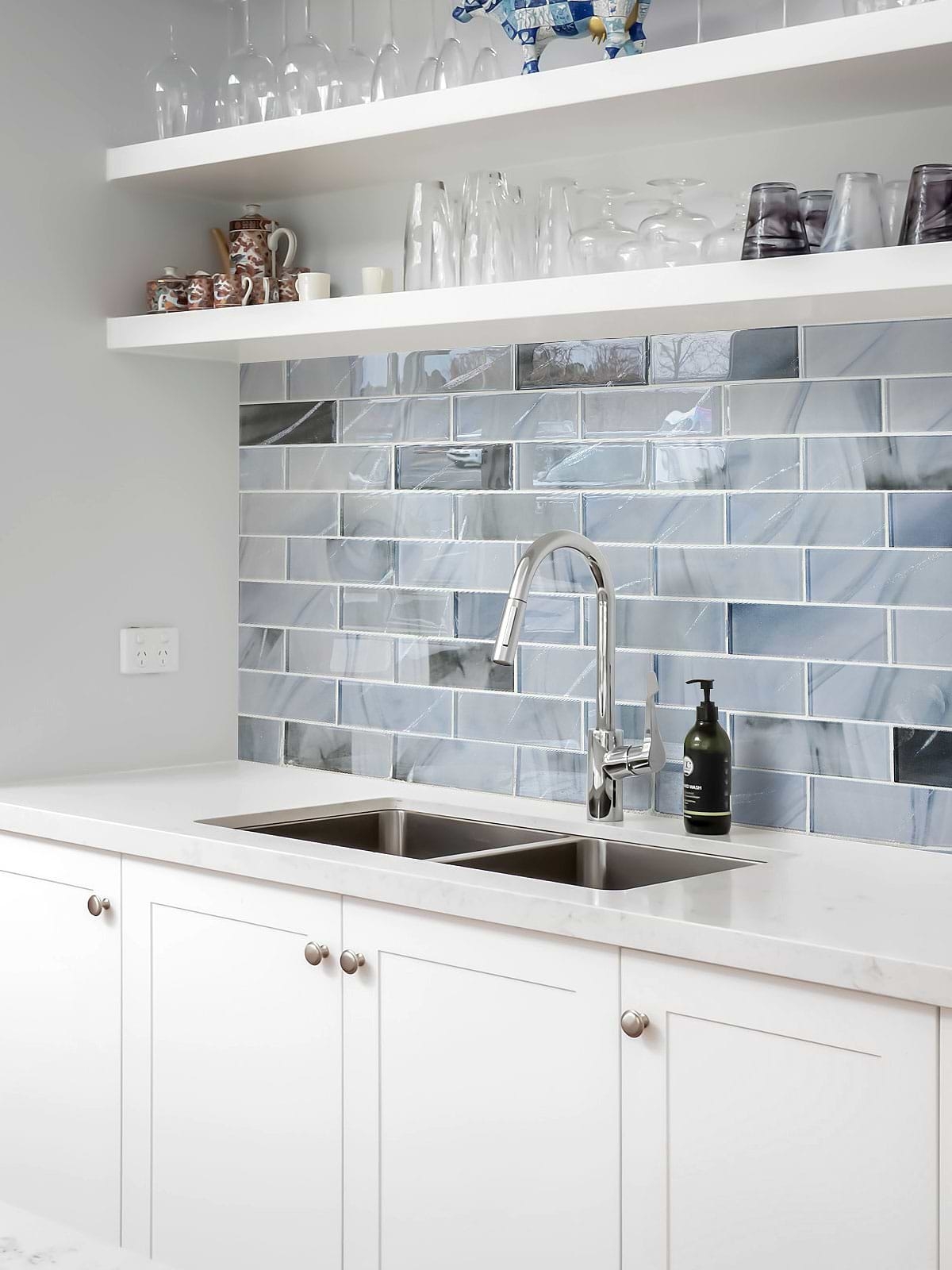 Kitchen Backsplash Marbled Blue Glass with Floating Shelves