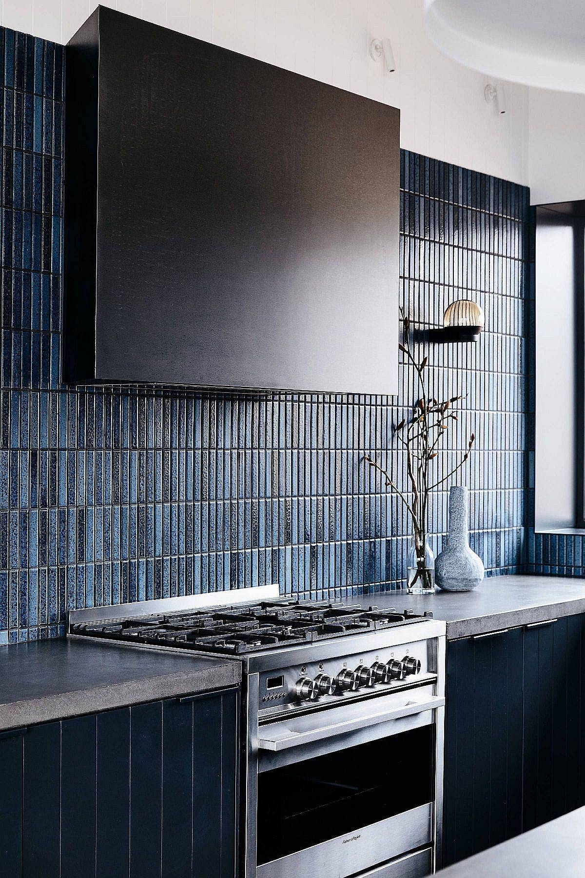 Kitchen Backsplash Moody Tonal Blue Matte Black Hood Design