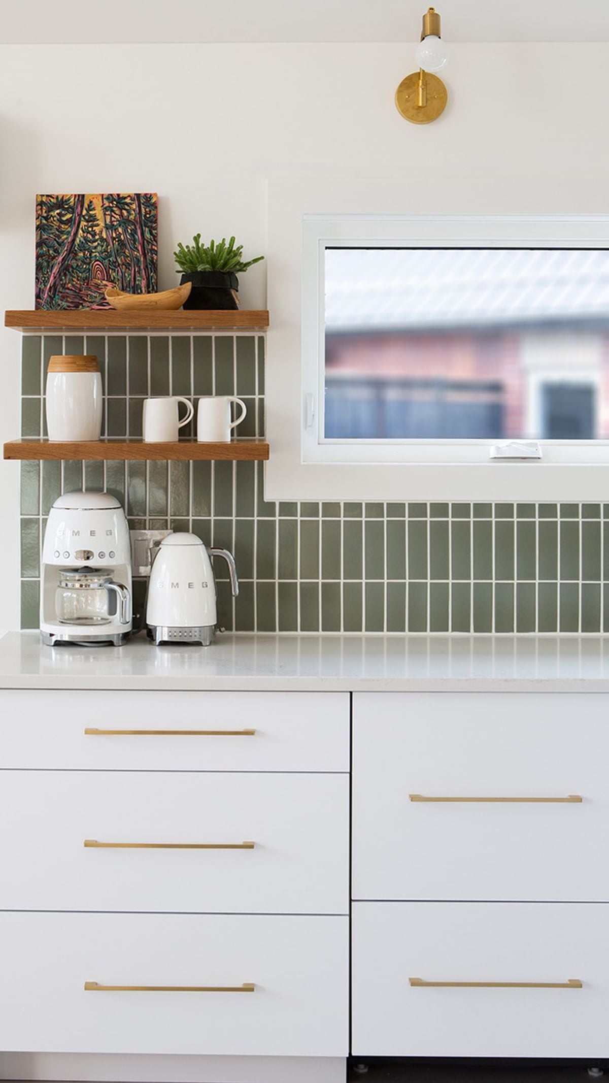 Kitchen Backsplash Sage Green Subways with Gold Bar Pulls