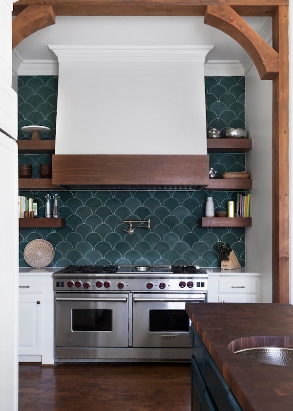 Kitchen Backsplash Scallop Pattern in Deep Teal with Wood Arch