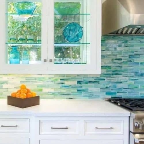Kitchen Backsplash Sea Glass Tones and Linear Glass Mosaic
