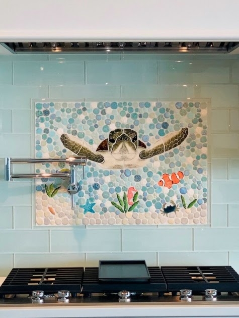 Kitchen Backsplash Sea Turtle Mosaic and Pebble Tile Mural