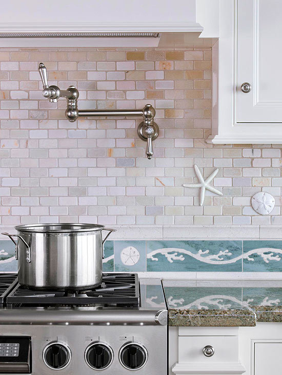 Kitchen Backsplash Seafoam Coral Border and Pot Filler Faucet