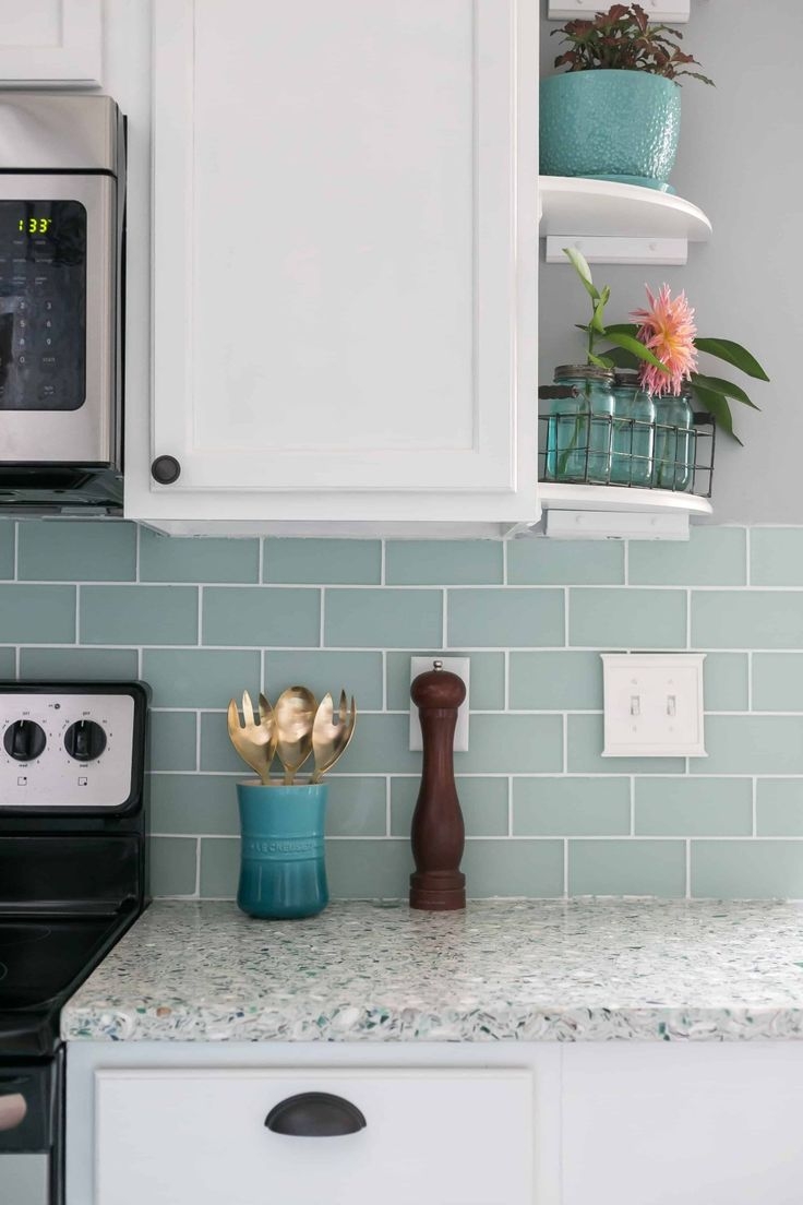Kitchen Backsplash Seafoam Subway Tile with Terrazzo Counter