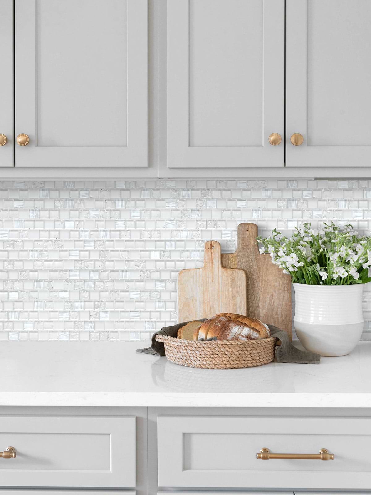 Kitchen Backsplash Shell Crackle Glass and Light Gray Cabinets