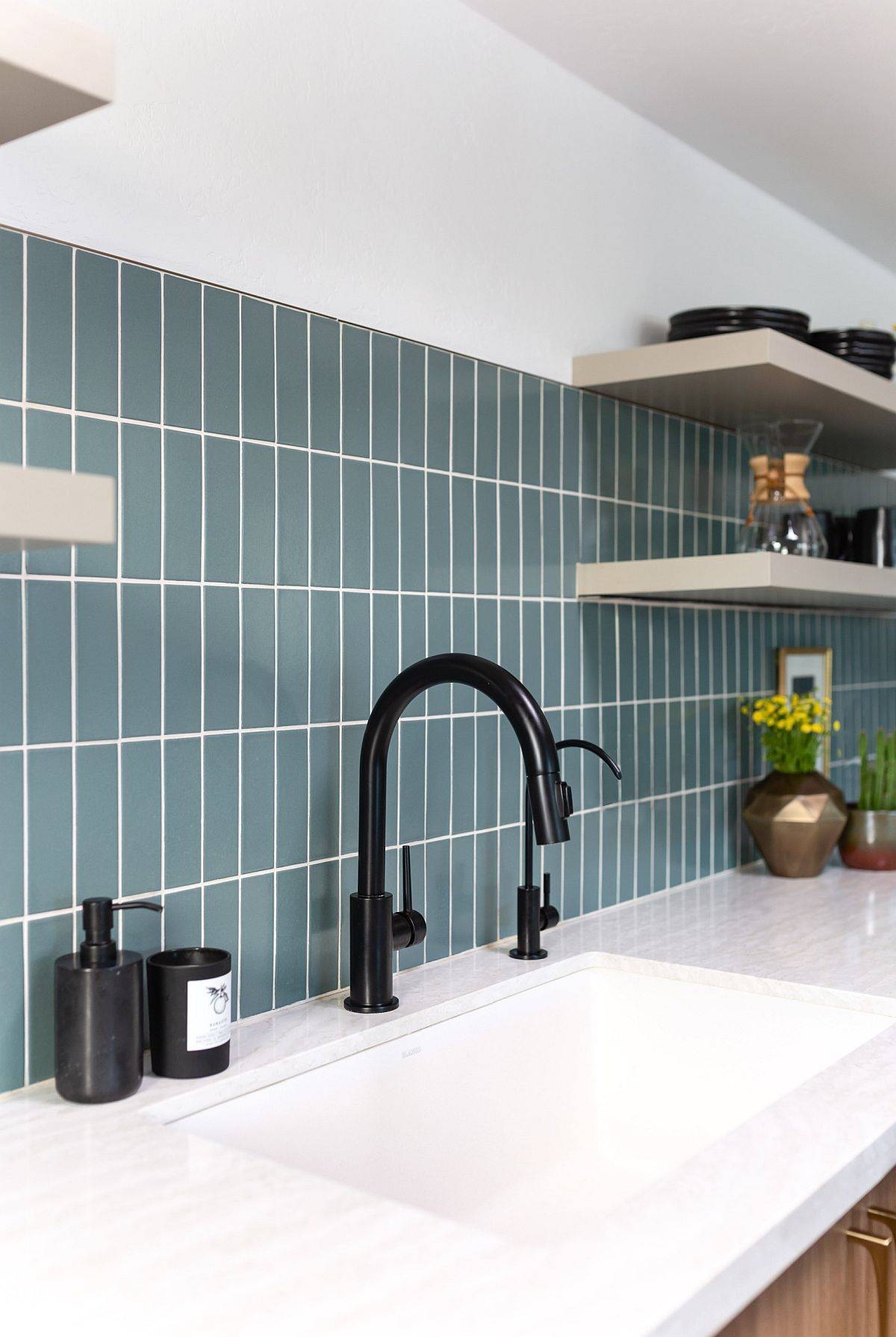 Kitchen Backsplash Teal Green Finish and Matte Black Hardware