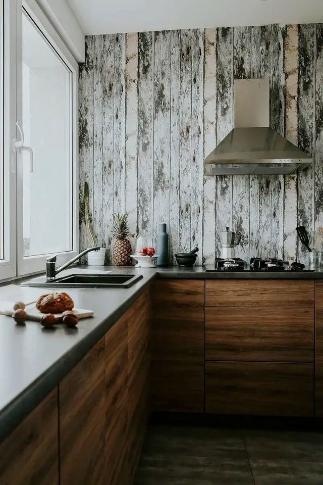 Kitchen Backsplash Weathered Vertical Planks and Wood Cabinets