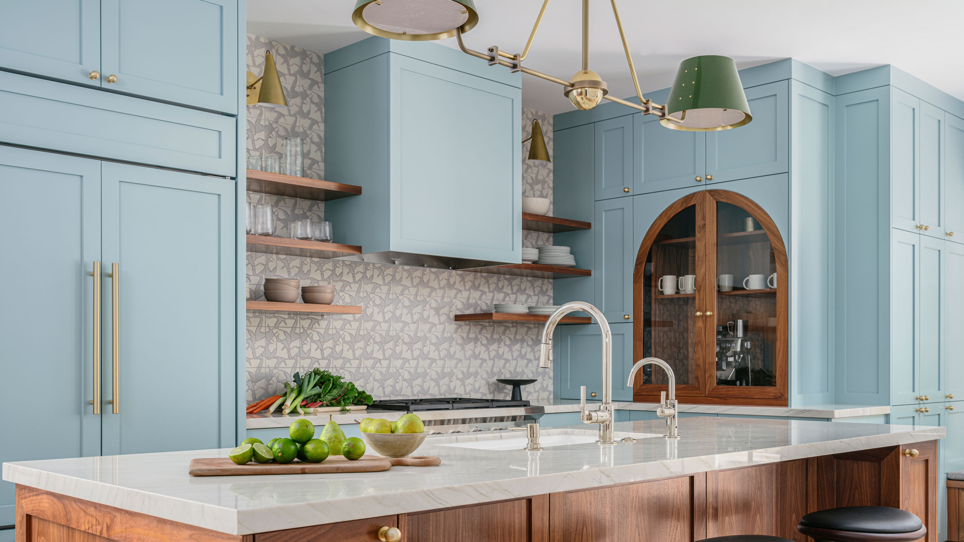 Kitchen Cabinetry: Arched Glass Duck Egg Blue Shaker