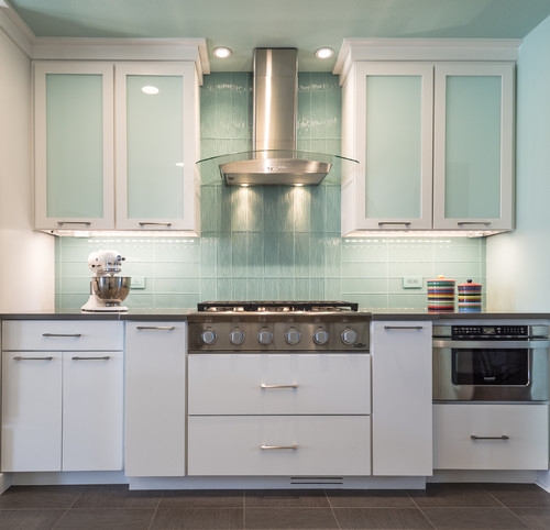 Kitchen Cabinetry Seafoam Backsplash with Frosted Glass Inserts