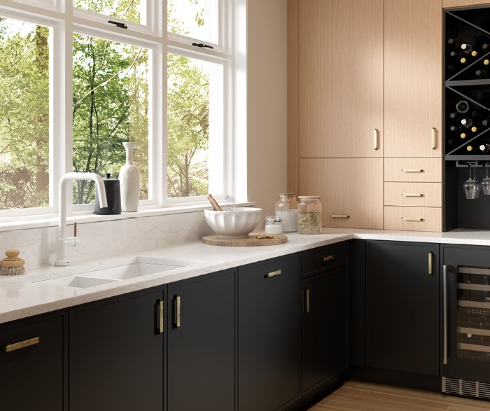 Kitchen Cabinets in Vertical Grain Oak with Matte White Faucet