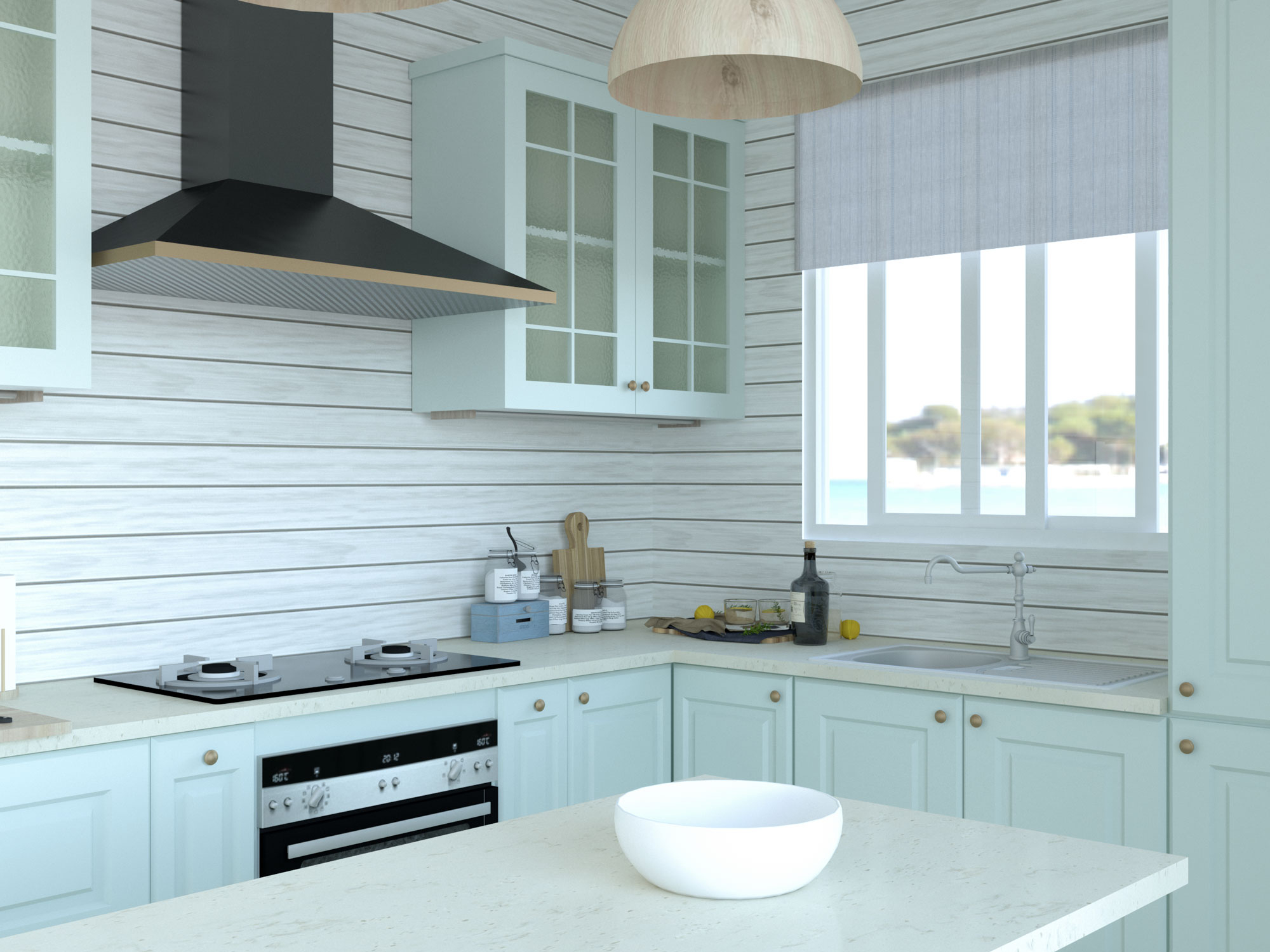Kitchen Cabinets Seafoam Blue with Shiplap Backsplash Idea