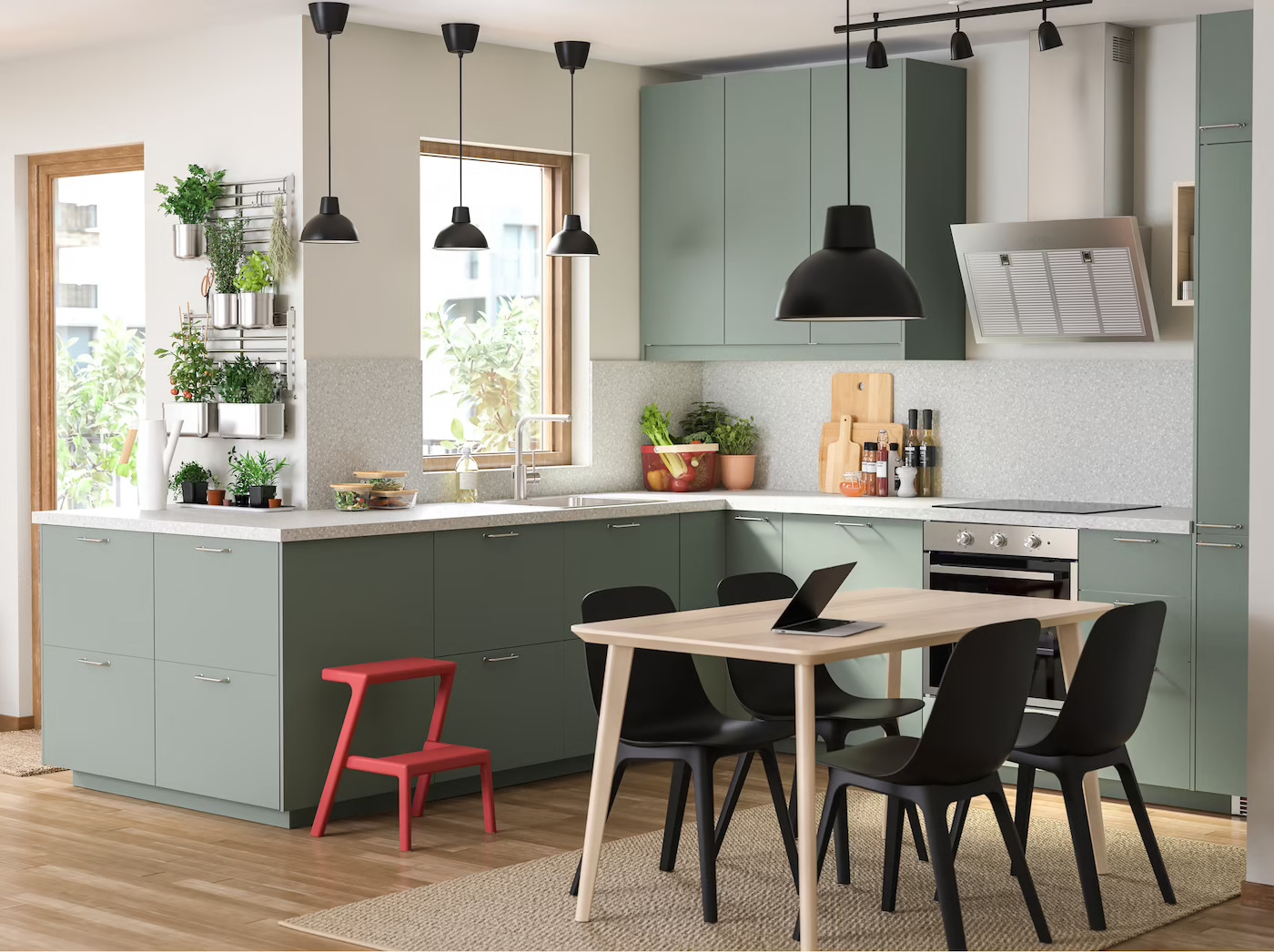 Kitchen Dining Set: Modern Scandi Sage Cabinets