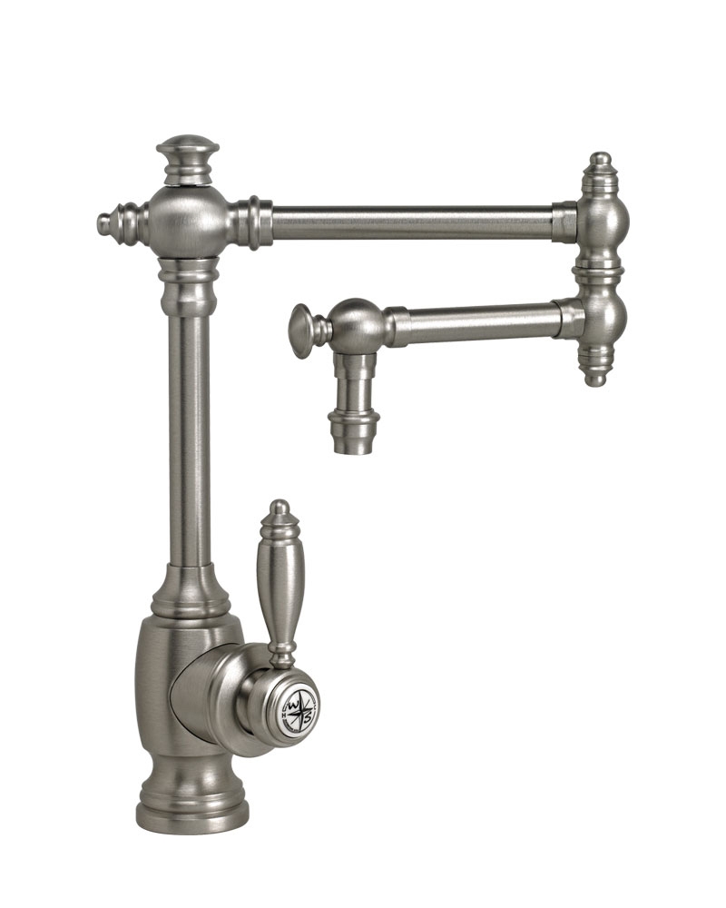 Kitchen Faucet: Articulated Arm and Decorative Finials.