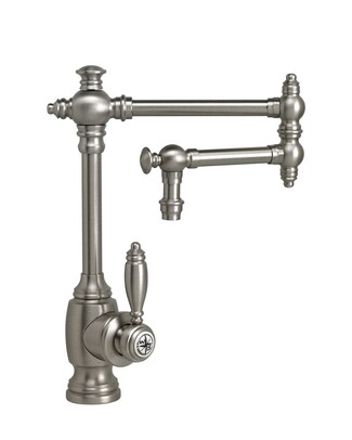 Kitchen Faucet: Articulated Arm and Decorative Finials.