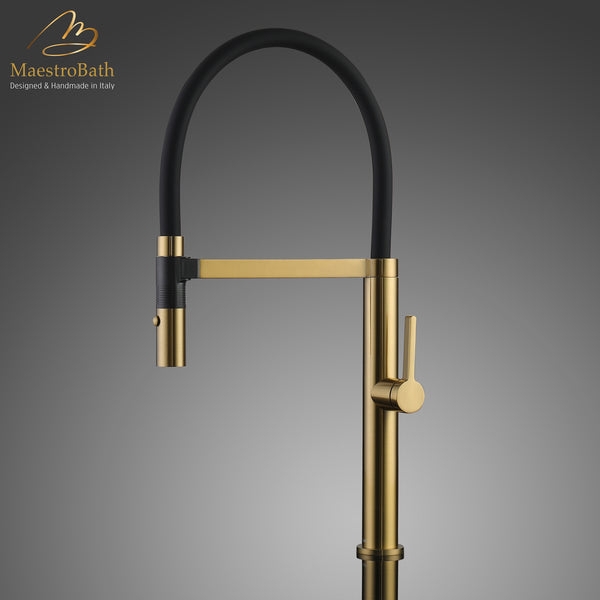 Kitchen Faucet: Brushed Gold with Flexible Black Hose.