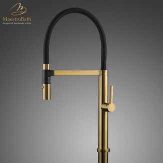 Kitchen Faucet: Brushed Gold with Flexible Black Hose.