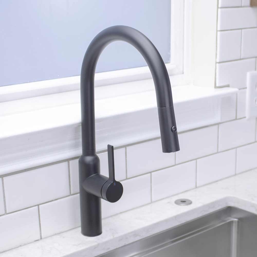 Kitchen Faucet: Contemporary Matte Black Gooseneck Profile.
