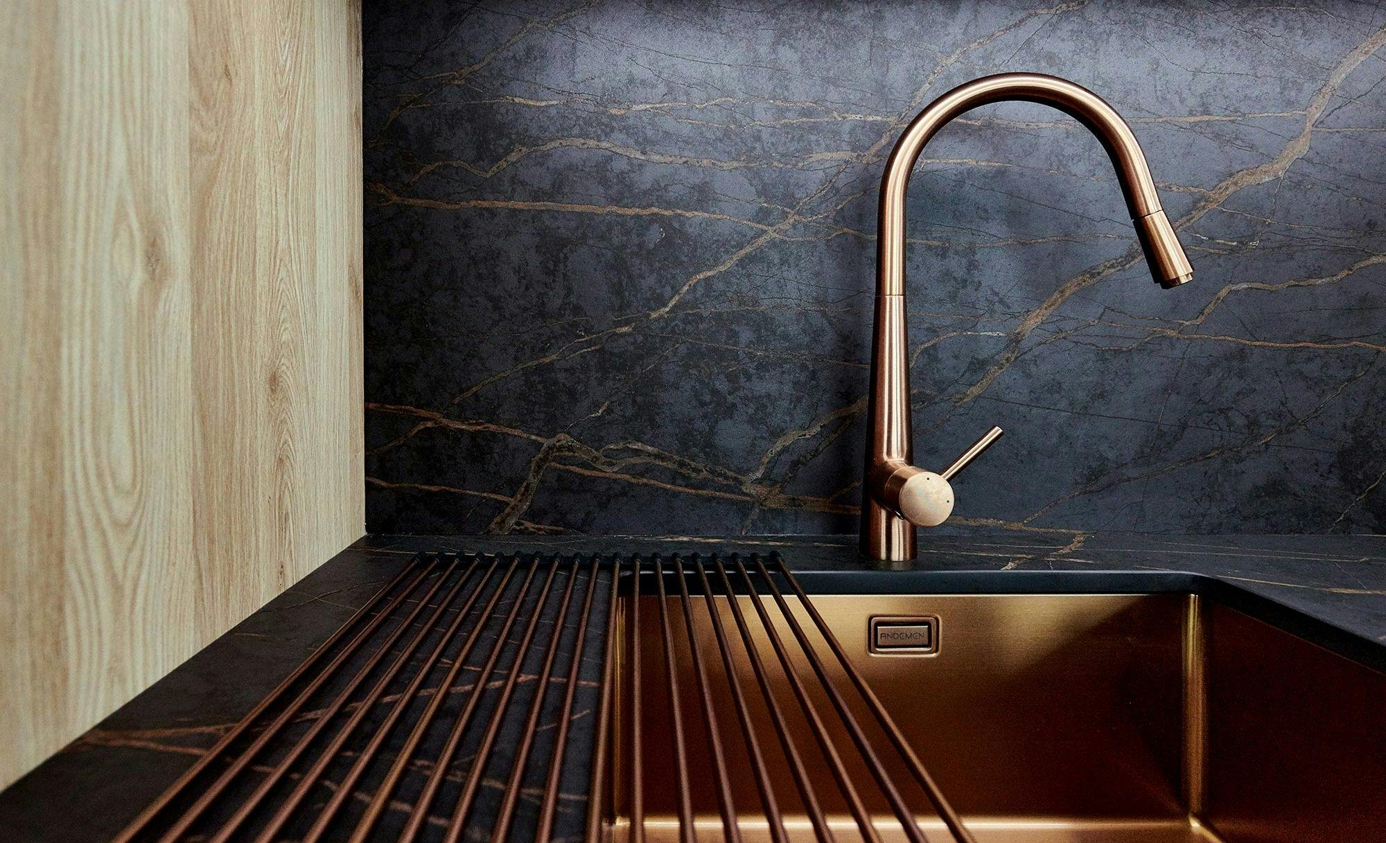 Kitchen Faucet: Copper Tones with Dark Gold Veining.