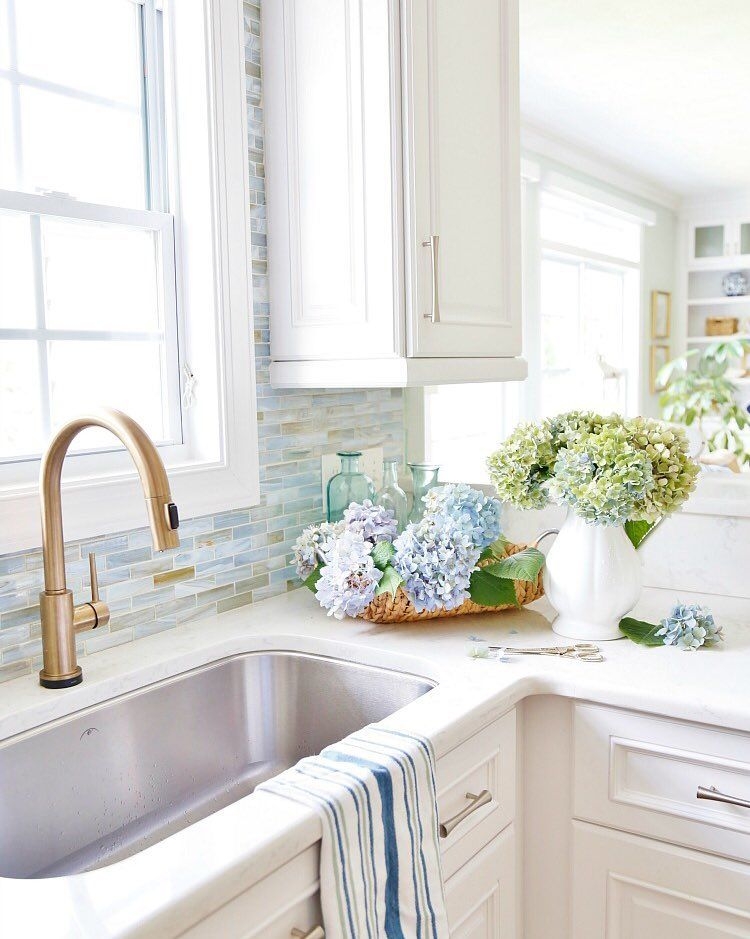 Kitchen Faucet Gold High Arc with Seaglass Mosaic Tile