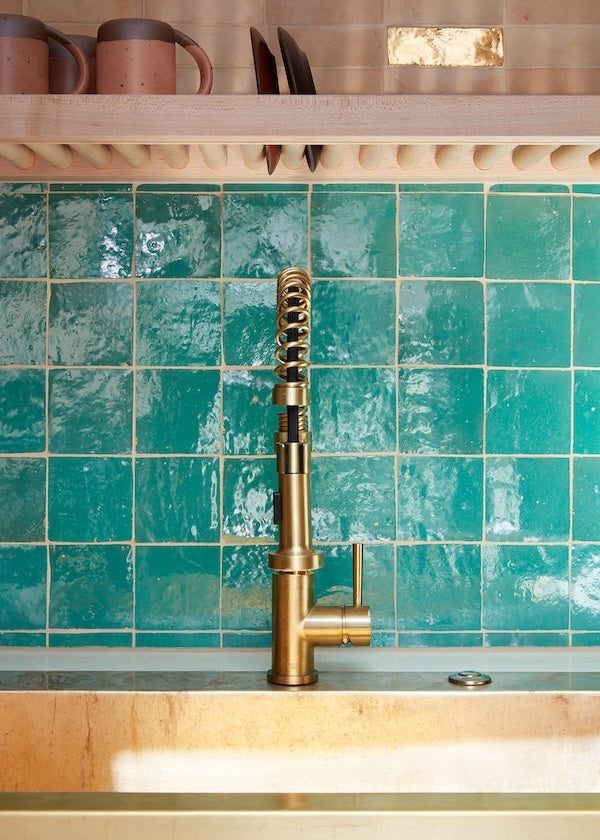 Kitchen Faucet Gold Spring Neck with Turquoise Zellige Tile