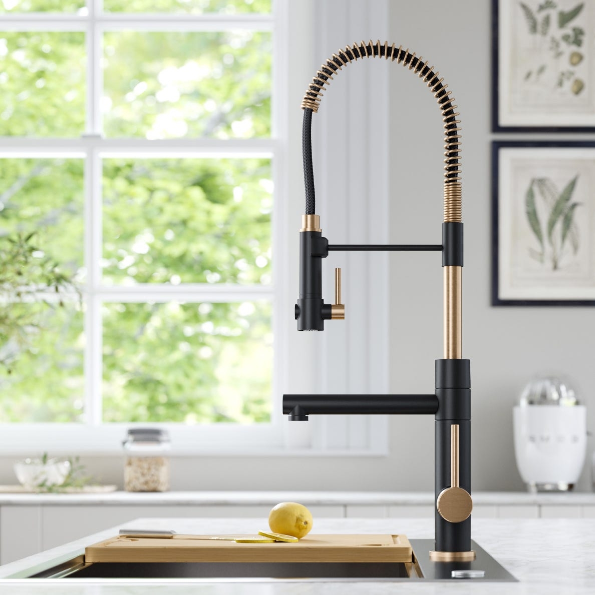 Kitchen Faucet: Matte Black Dual Spout Spring Style.