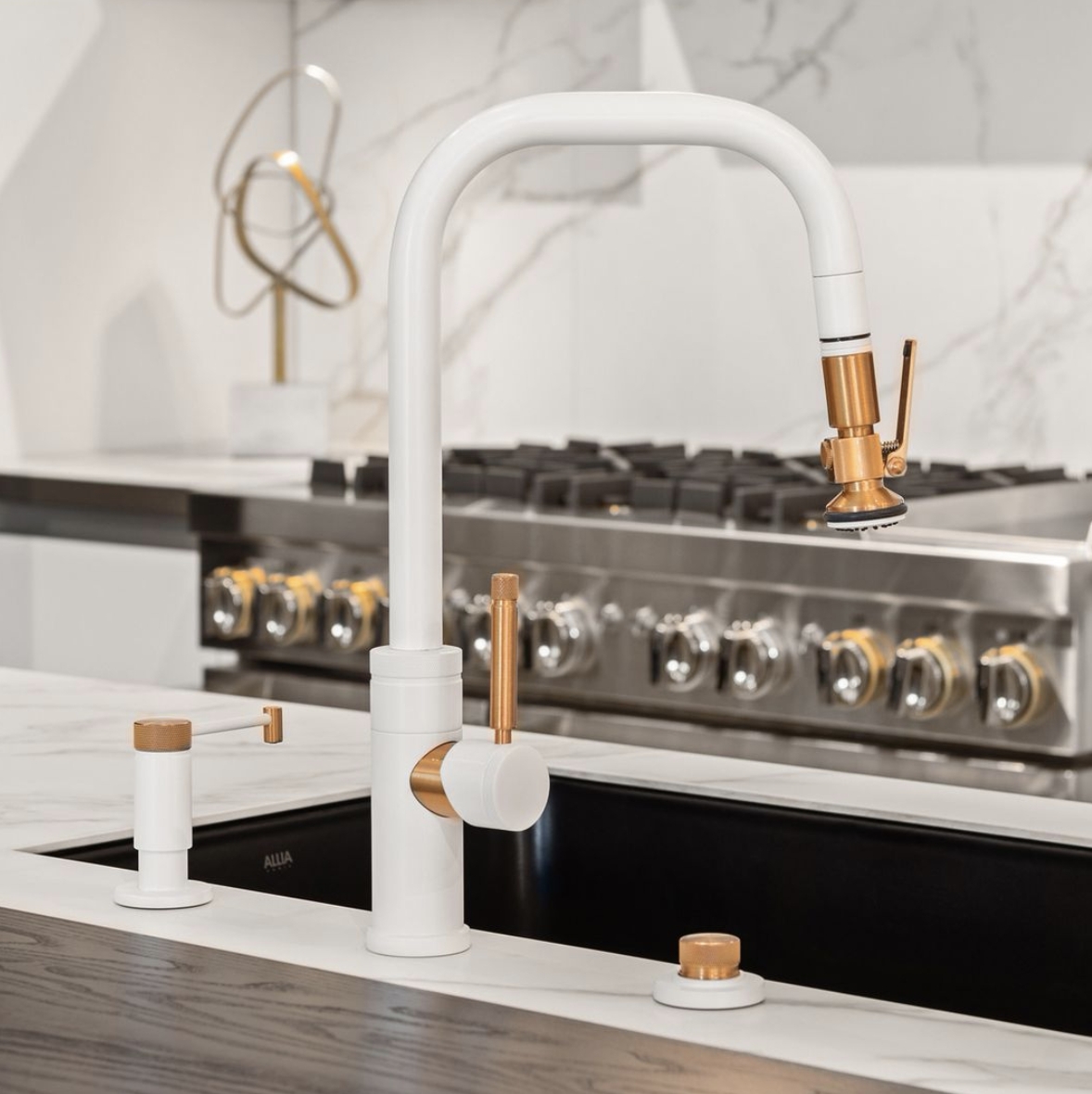 Kitchen Faucet: Matte White and Knurled Gold Accents.