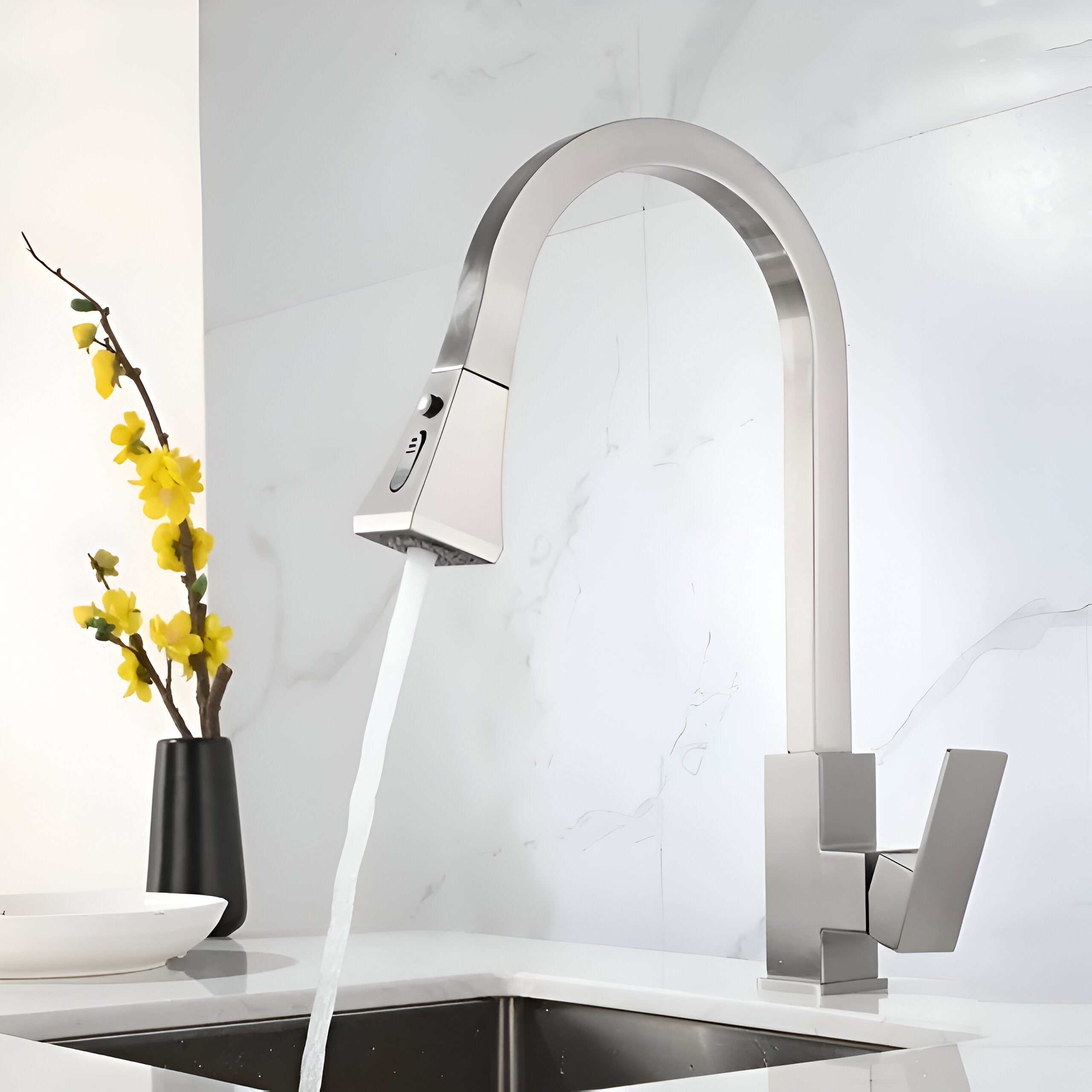 Kitchen Faucet: Square Neck Profile Brushed Silver Design.