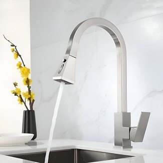 Kitchen Faucet: Square Neck Profile Brushed Silver Design.