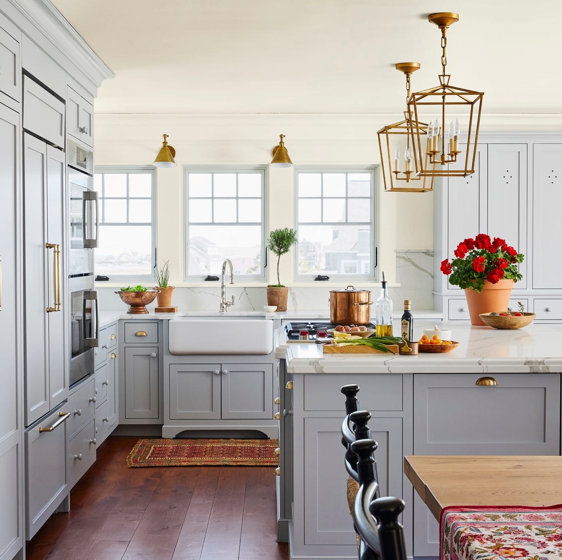 Kitchen Island Blue Gray Cabinets Gold Lantern Island Light
