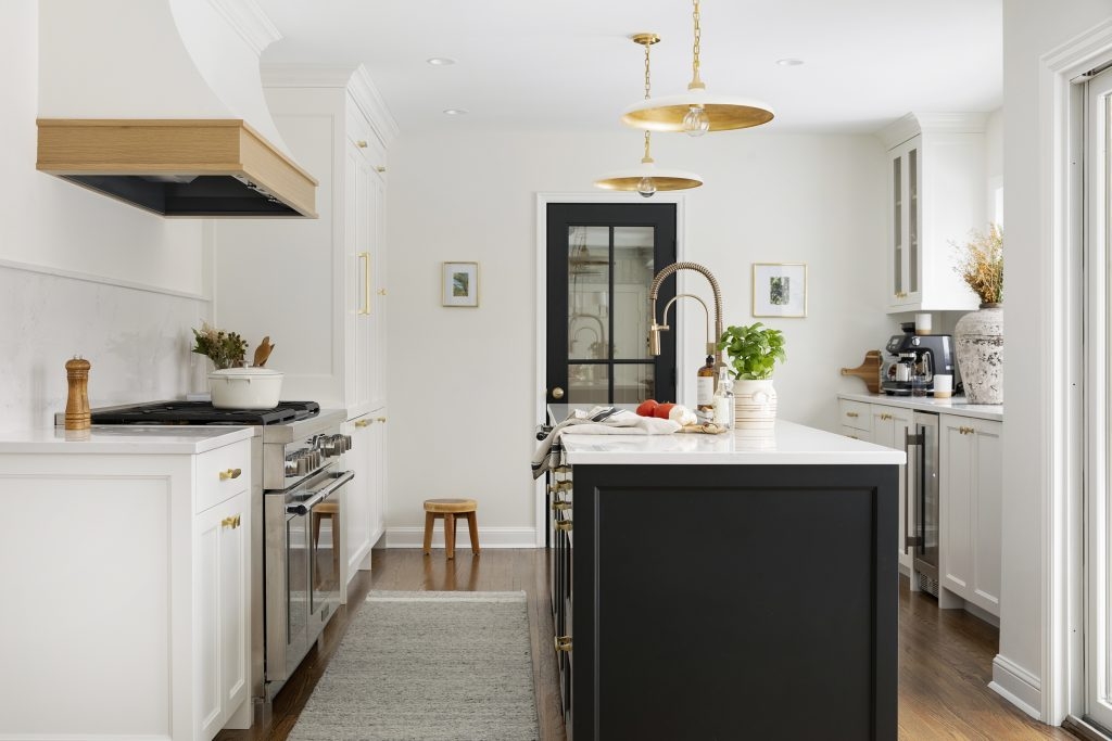 Kitchen Island in Matte Black with a Wood Accent Hood Design