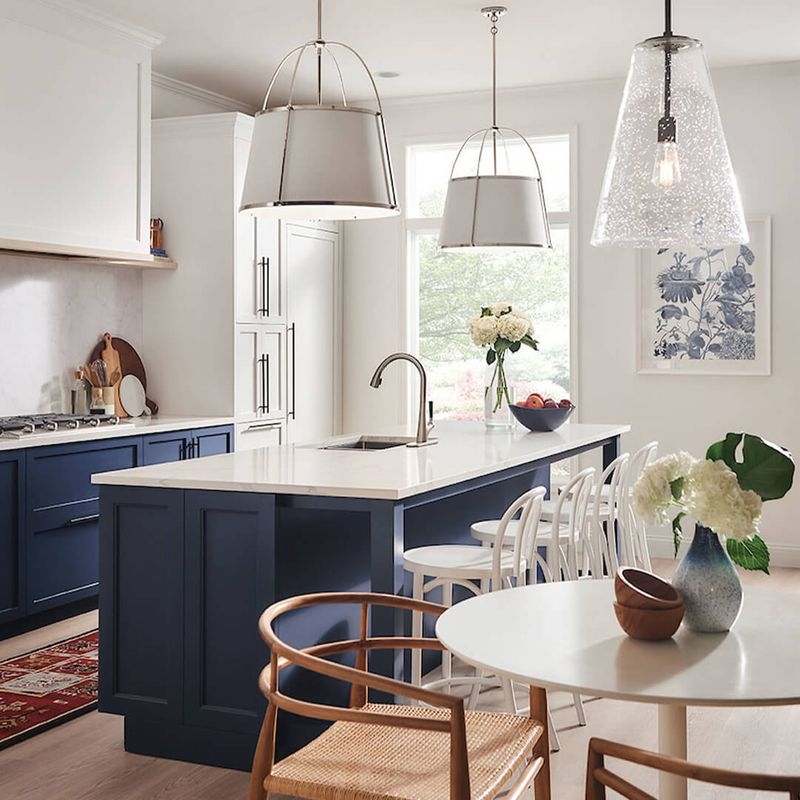 Kitchen Island: Navy Blue Cabinets Seeded Glass