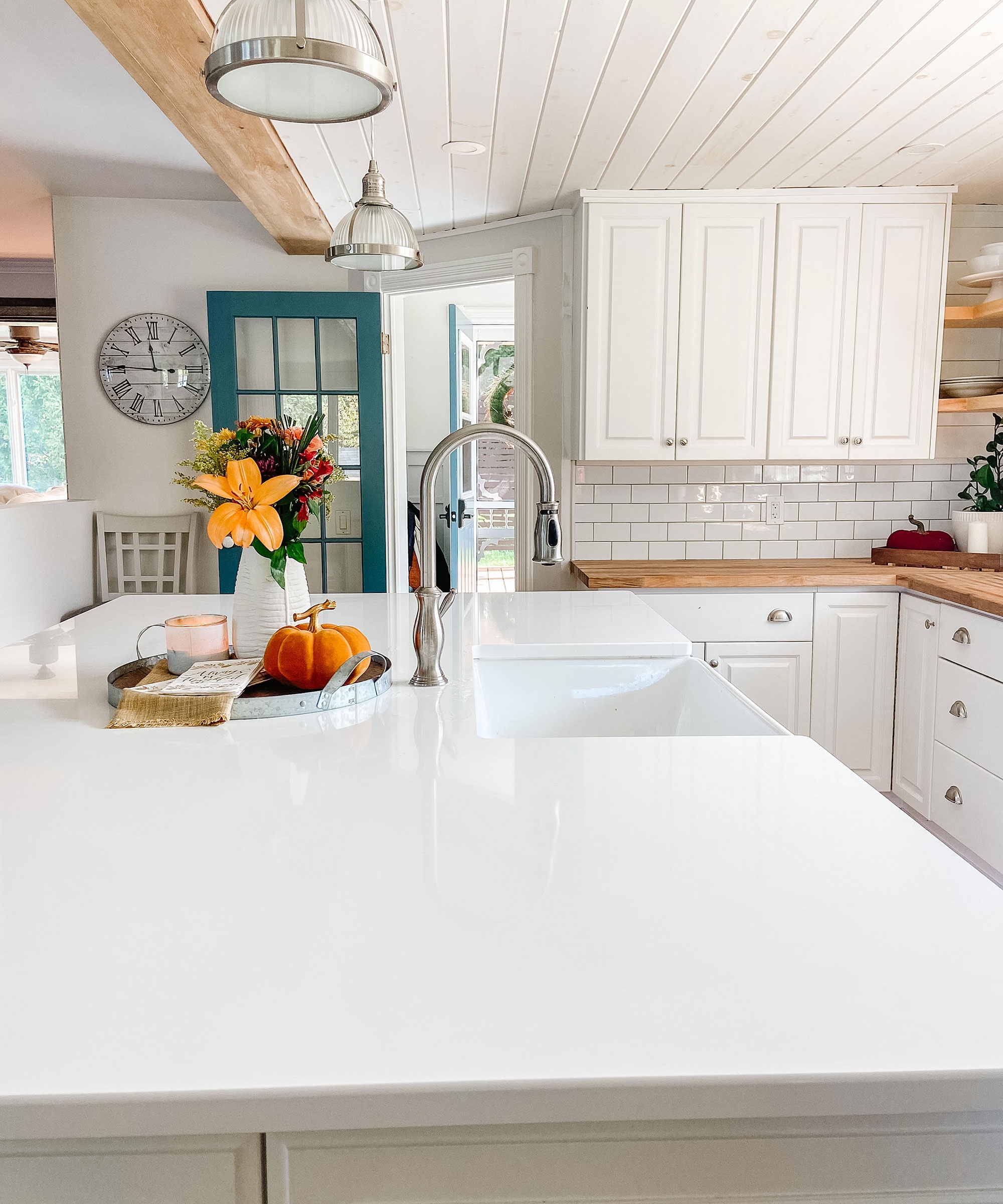 Kitchen Island: Teal Door and Ribbed Glass Pendants