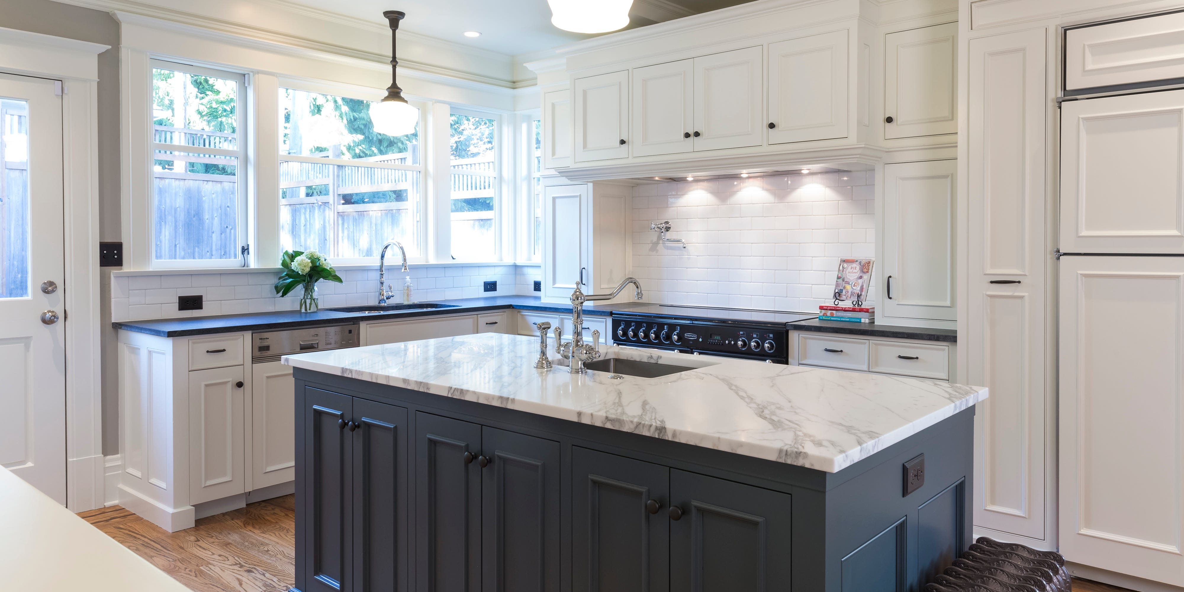Kitchen Island with Charcoal Island Base and Veined Marble Top