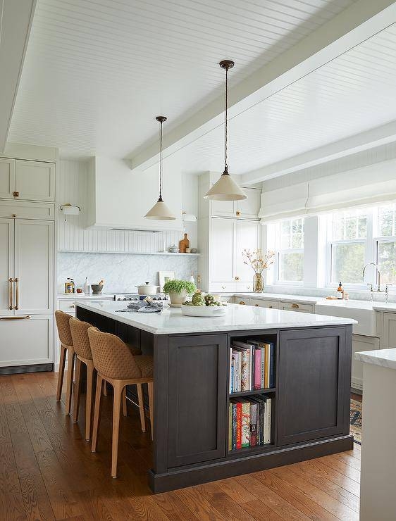 Kitchen Island with Integrated Bookshelf and Textured Stools
