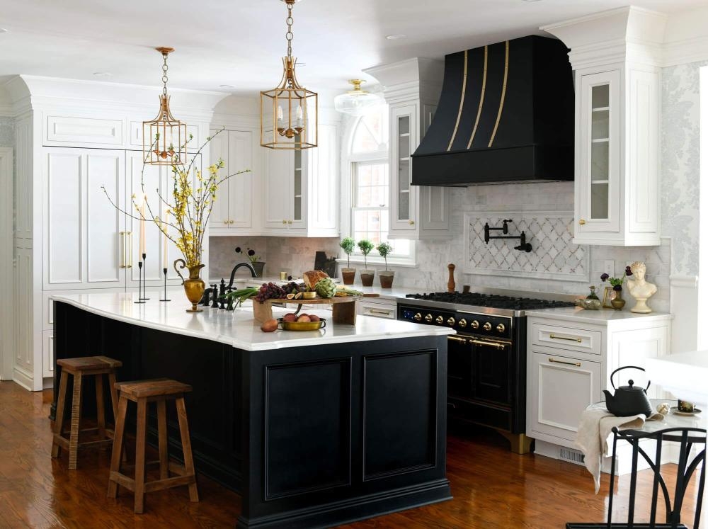 Kitchen Island with Matte Black Hood and Gold Lantern Lighting